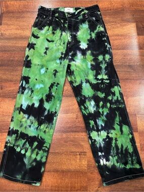 Ami Paris Mens Green Black Tie-dye Loose Fit Jeans Size 33 Alex Fit 100% Cotton